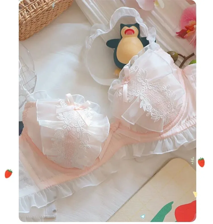 Summer sweet girl underwear lace sweet plus size lingerie with briefs suit women large size bras with steel ring bra set