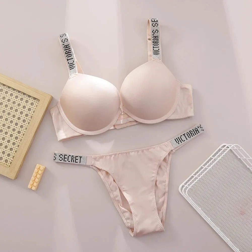 Victoria Secret Hot Sexy Lingerie Set Very Sexy Logo Shine Strap Push Up Bra With Shine Script Thong Panty