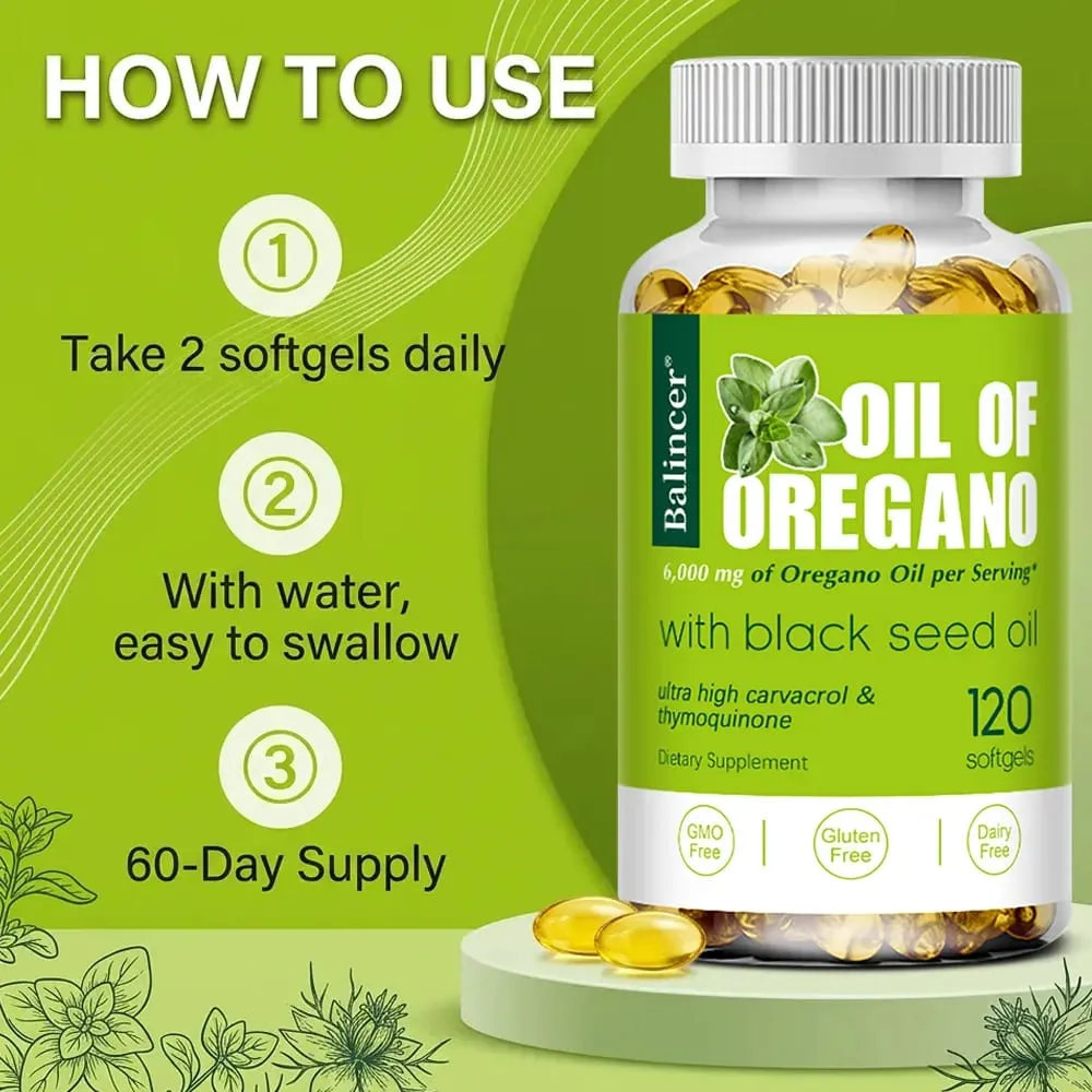Oil of Oregano Softgels 6000mg feketemag olajjal 200mg | Nem GMO-immuntámogatás Az emésztés és a légzőrendszer egészségének elősegítése