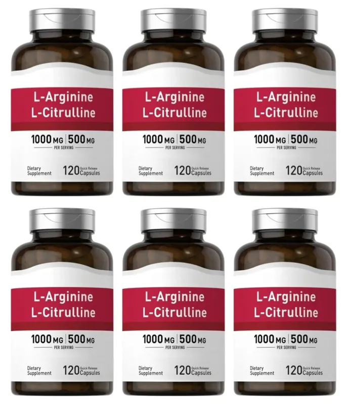 Cápsulas de suplemento de aminoácidos com contagem de 120 fornecem energia e suporte para uma vida saudável com 1000 mg de L-Arginina e 500 mg de L-Citrulina