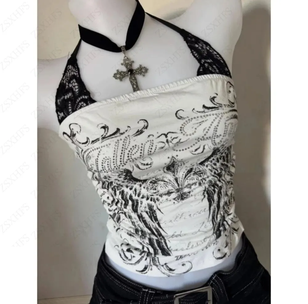 Sexy Lace Y2k Halter Tops Women Clothing Gothic Punk Girl Summer Sling Body Tees Grunge Slim Corset Harajuku Kpop Crop Top Emo