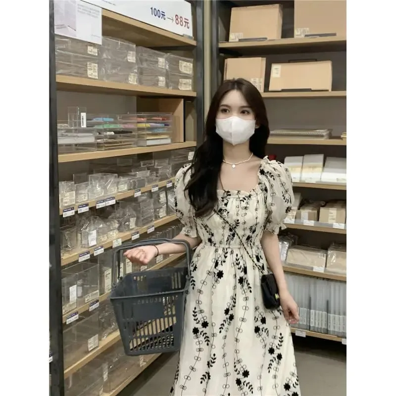 Women Off‑Shoulder Puff Sleeve Maxi Dress Floral Print High Waist Ruffle Long Summer Dress