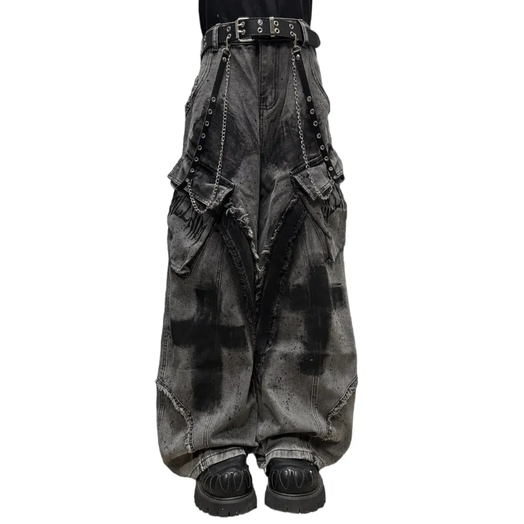 Unsiex Gothic Punk Jeans 2026 Distressed Splash Ink Jeans For Women Men Y2K Graffiti Wide Leg Pants Loose Fit Washed Denim