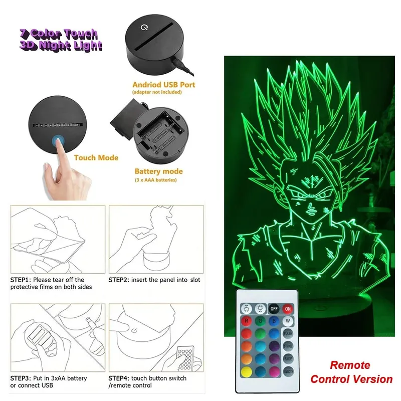 Dragon Ball Z Anime Figures Goku Vegeta Gohan Broly 3D Lamp PVC Action Figures Toys for Children Trunks Buu Super Saiyan Gifts