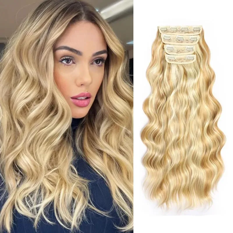 Clip in Hair Extensions 4PCS Synthetic Black Thick Hair Piece 24 Inches Long Wavy Clip in Extensions