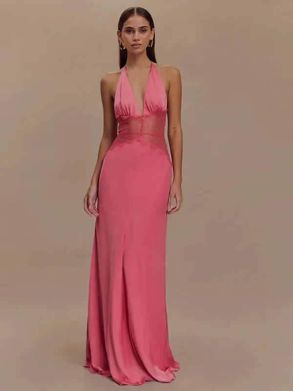 MO Patchwork Lace Print Polka Dot Halter Women Maxi Dress Sexy Backless Evening Dress Winter Skinny Elegant Party Dress