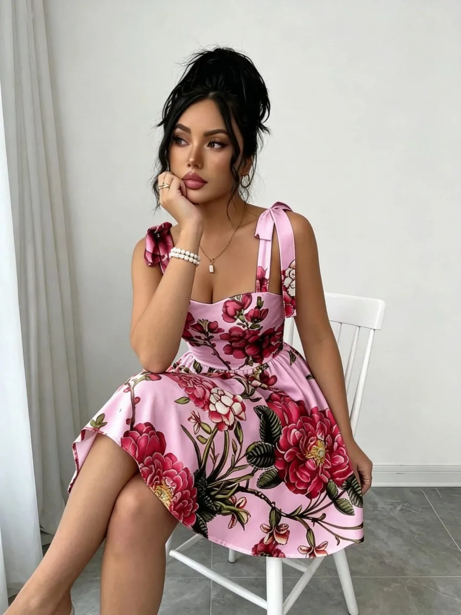 Women's French Sweetheart Style Slimming A-Line Short Dress Strap up Straps Waist Cinching Fluffy Skirt for Elegant Fashion