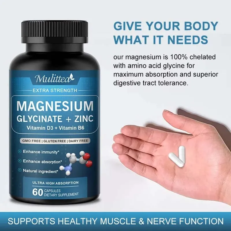 Mulittea Glycine Magnesium capsule with Zinc Vitamin D3 B6 Health for Bones and Teeth Health Helps Natural Sleep Relieve Anxiety