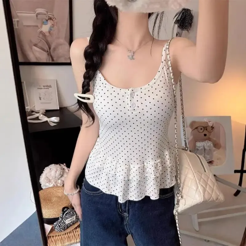 {MAX-66} Women Clothing Summer Fashion Casual Polka Dot Solid Color Sling Ladies Fashionable Appear Thin Slim Young Style Tops