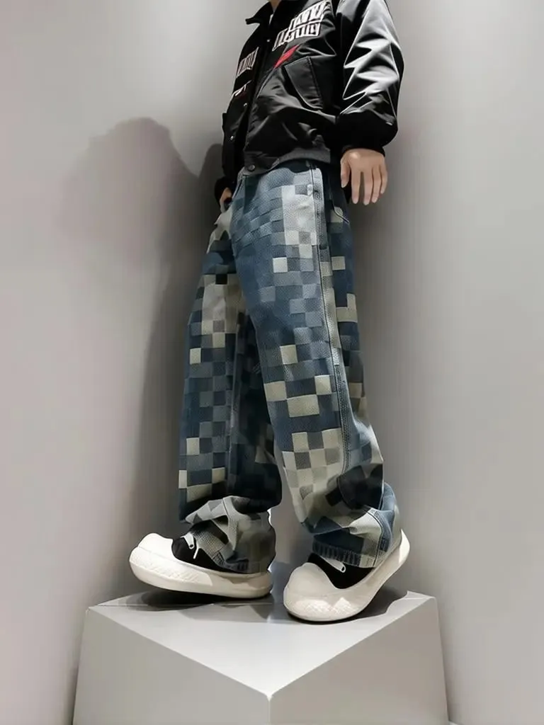 Y2k Streetwear Plaid Baggy Jeans Men Straight Wide Leg Loose Pants Fashion Hip Hop Washed Vintage Denim Pants Trousers
