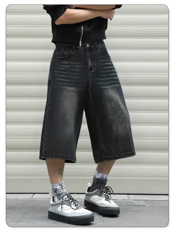 American Retro Classic Black Ultra Baggy Wide Leg Men's Denim Shorts Spring Summer Casual Oversized Jeans Men's Clothes