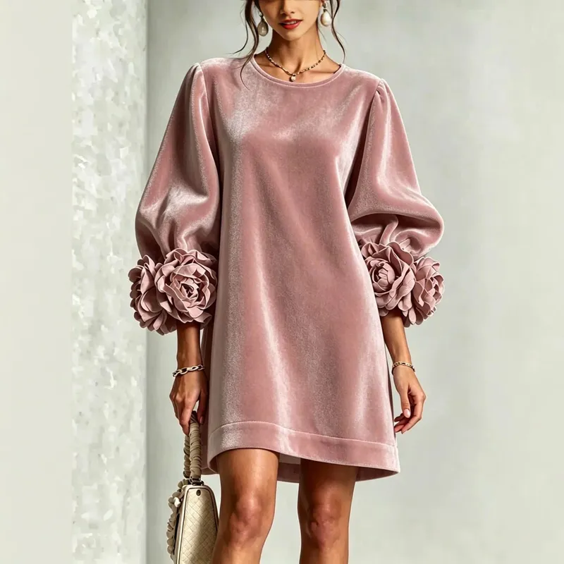 Autumn Winter Women Velvet Mini Dress O Neck Puff Long Sleeve 3D Flower Cuff Decor Loose Casual Hot Hit Fashion Short Dresses