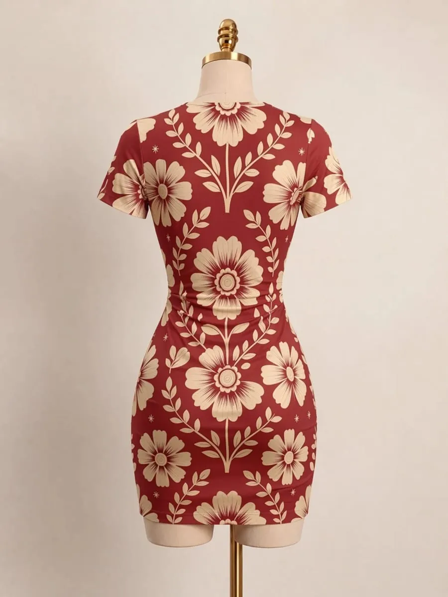 Womens Short Sleeve Bodycon Mini Dress Slim Fit Crew Neck Floral Print Casual Summer Party Cute Modern Holiday Vacation Sundress