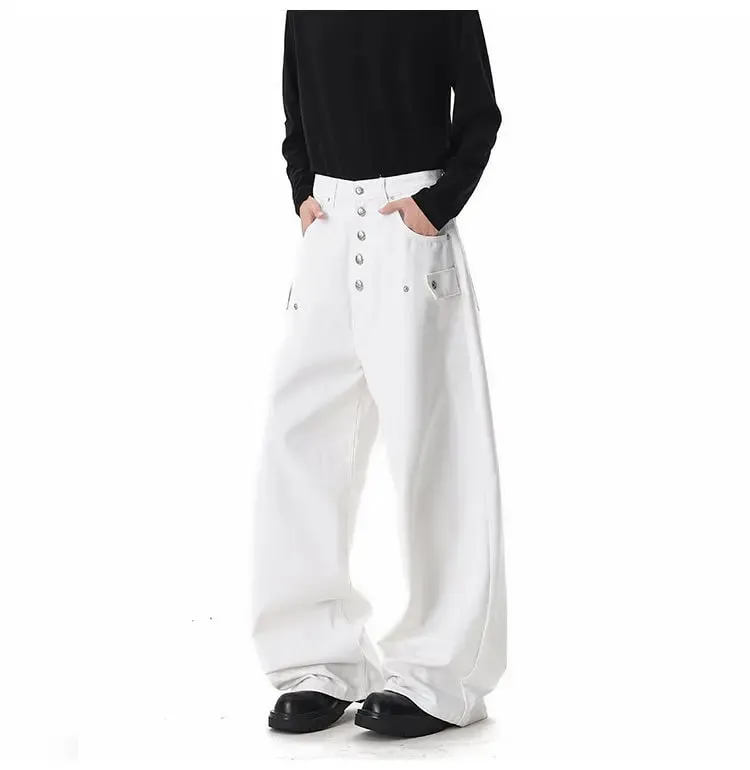 Loose Denim Pants for Men 2026 New Button Decoration Personalized Design Baggy Jeans Men Comfortable Fit Casual Trousers