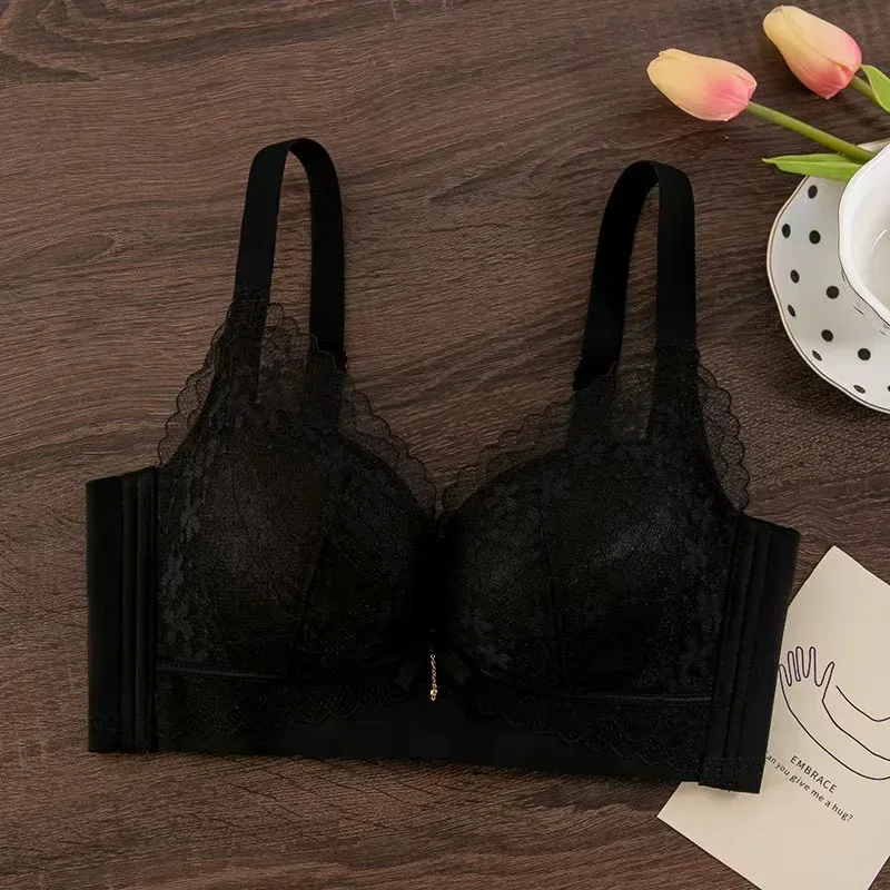 Sexig spetsförtjockad push-up-bh för små bröst Anti-sagging Justerbar bekväma trådfria underkläder
