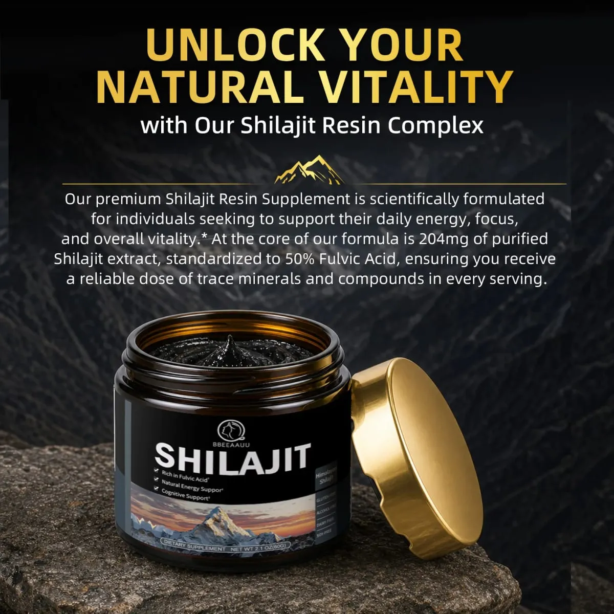 204MG Natural Shilajit Resin Original เครื่องดื่มอาหารเสริมแร่ธาตุสำหรับภูมิคุ้มกันสุขภาพการเผาผลาญสุขภาพกายโดยรวม