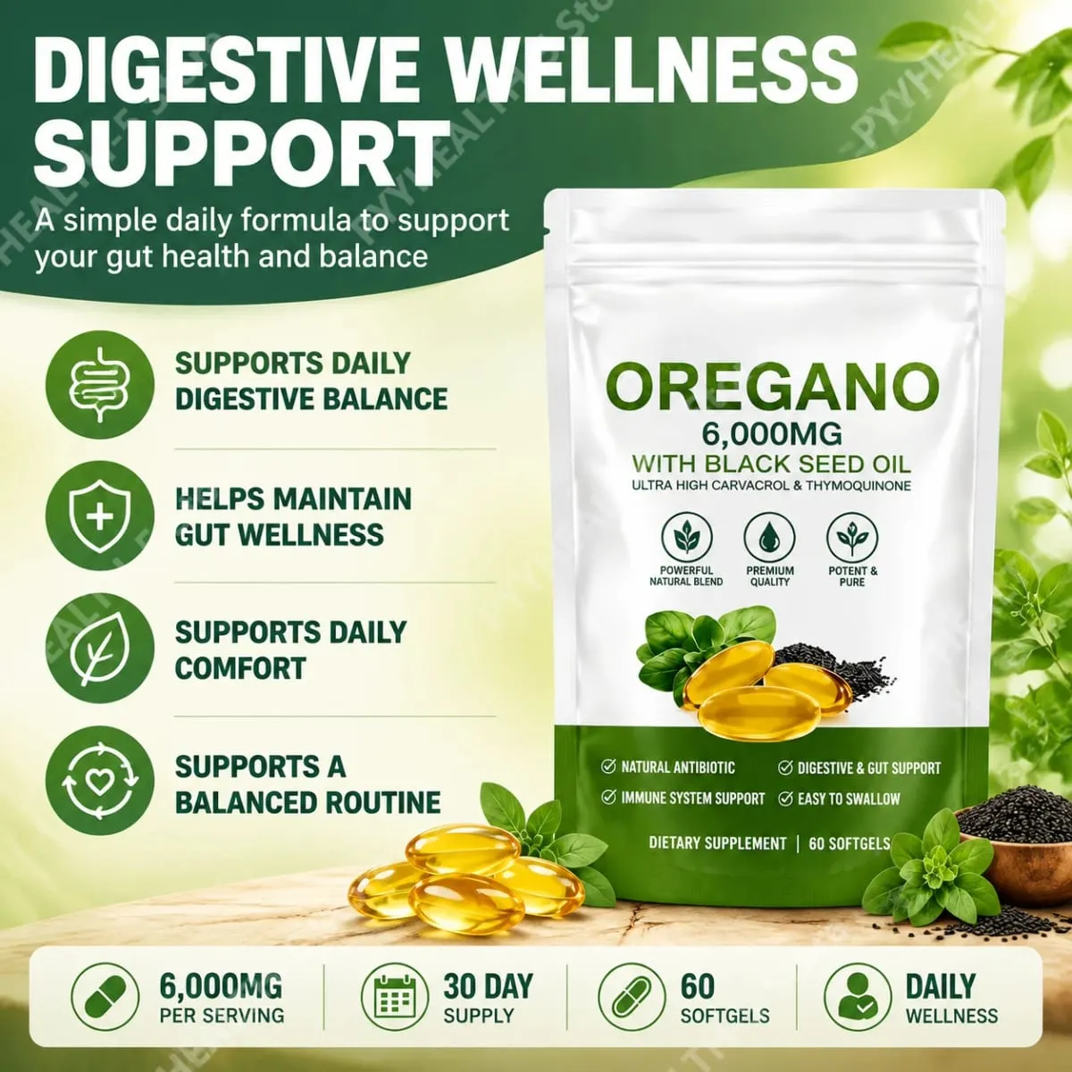 Oil of Oregano Softgels with Black Seed Oil 6000mg 165mg Carvacrol Thymoquinone Gluten Free Daily Wellness 60/180 Softgels