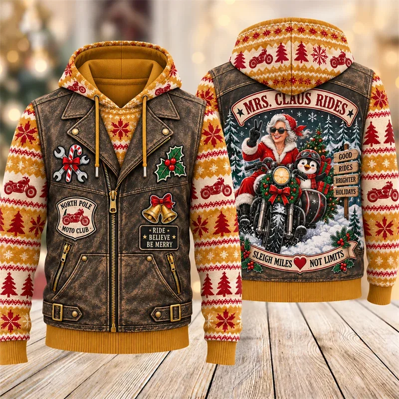 Christmas Biker Hoodie 3D Print Santa Reindeer Gingerbread Rider Faux Leather Vest Holiday Pullover Winter Streetwear Gift