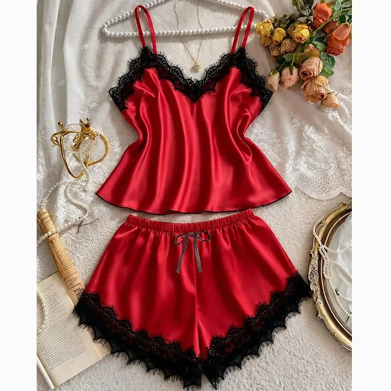 Solid Color Lace Trim Silk Lingerie Set Woman Pajamas Underwear Luxury Nightwear Sexy Bra V Neck Tank Short Summer Intimacy Sets