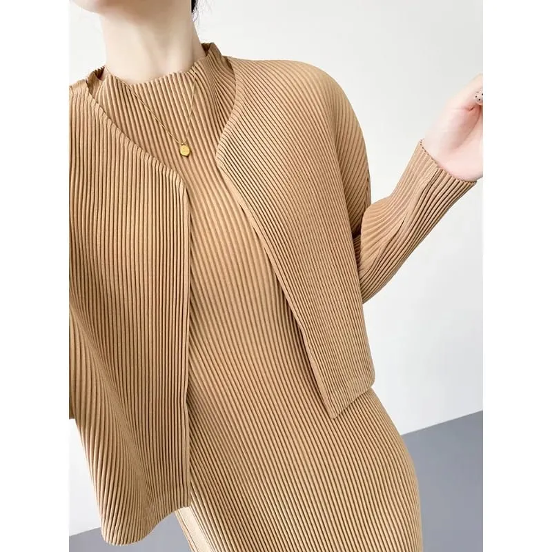 Miyake Pleated Dresses 2026 New Women's Long Sleeve Cardigan Jacket Round Neck Straight Long Dress Commuter Fashion Skirt Set