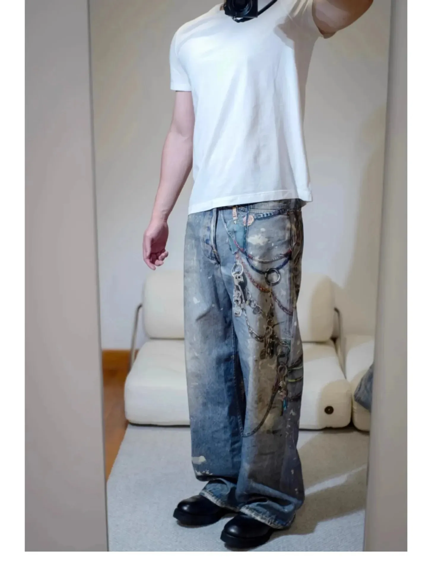 Street 3D Printed Candy Chain Denim Washed Jeans Baggy Fashion Curved Blade Harem Jeans Pants Men Y2k Wide Leg Trousers — image 7