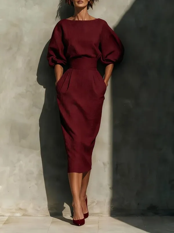 Elegant Fashion Solid Party A-lien Dress Casual O-neck Lantern Sleeve Pocket Dress Temperament High Waist Pleated Wrap Hip Dress