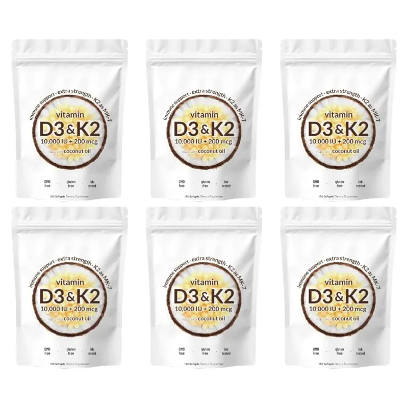 Vitamin D3 K2 Softgels with MK-7 and Coconut Oil 10 000 IU + 200 Mcg Adult Bone and Immune Wellness Support 180 Mini Softgels