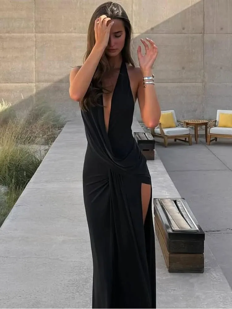 Cutenew Party Simple Kvinder Maxikjoler Solid Trend Halter Cross Svingende Neck Rygløs V-hals Høj Split Bodycon Mujer Vestidos