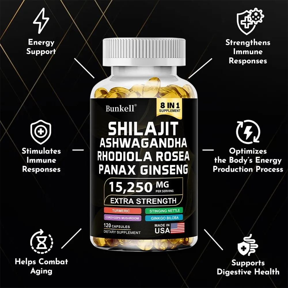 15250mg Shilajit Capsules with Ginseng Ashwagandha Turmeric Energy Supplement Muscle Mass Endurance