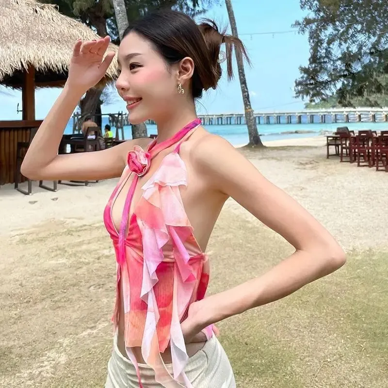 Pink Y2K Crop Tops Printed Sleeveless Sexy Slim Tank Tops Summer New Sweet Cute Casual Party Beach Tank Top Women Clothing