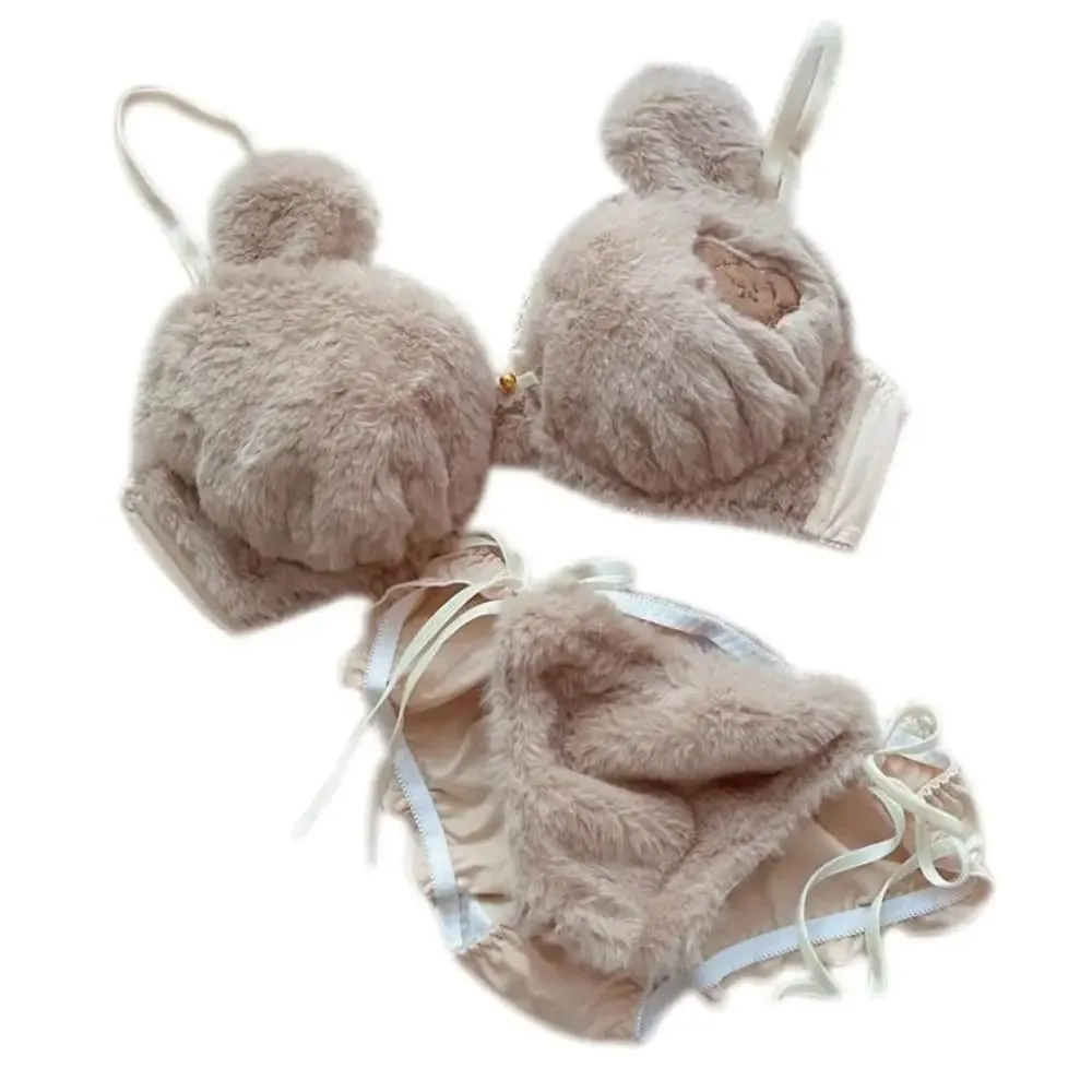 Comfortable Women Lingerie Set No Steel Ring Soft Winter Bra & Brief Sets Cartoon Bear Girl Warm Underwear Panties Suit Women
