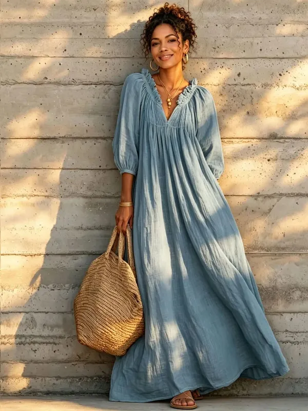 Women Boho Dresses V Neck Lantern Sleeve Maxi Dress Vacation Loose Beach Cover Up Dress Spring Summer Overall Jumpsuit Playsuit