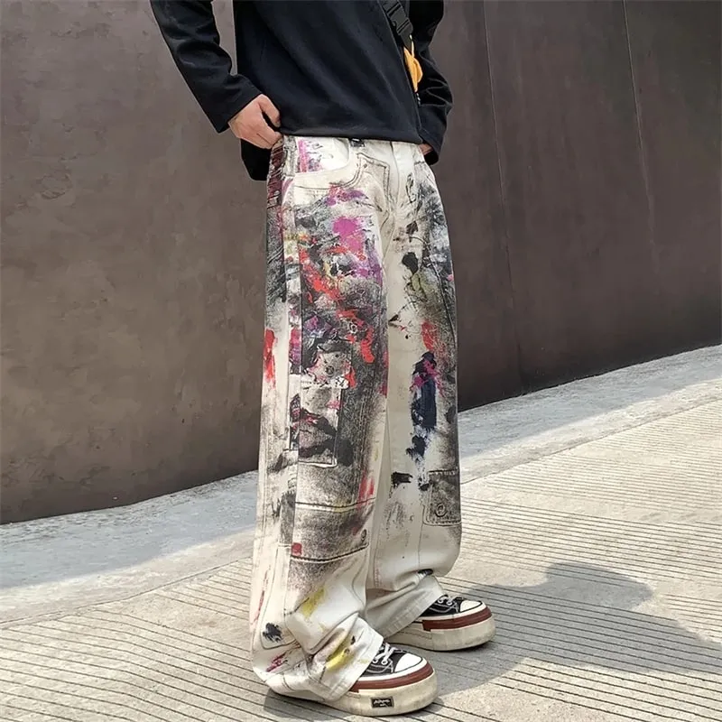 Edgy Men's Splatter Paint Jeans Black White Print Wide Leg Baggy Fit Distressed Streetwear Premium Denim Pants 9X2984