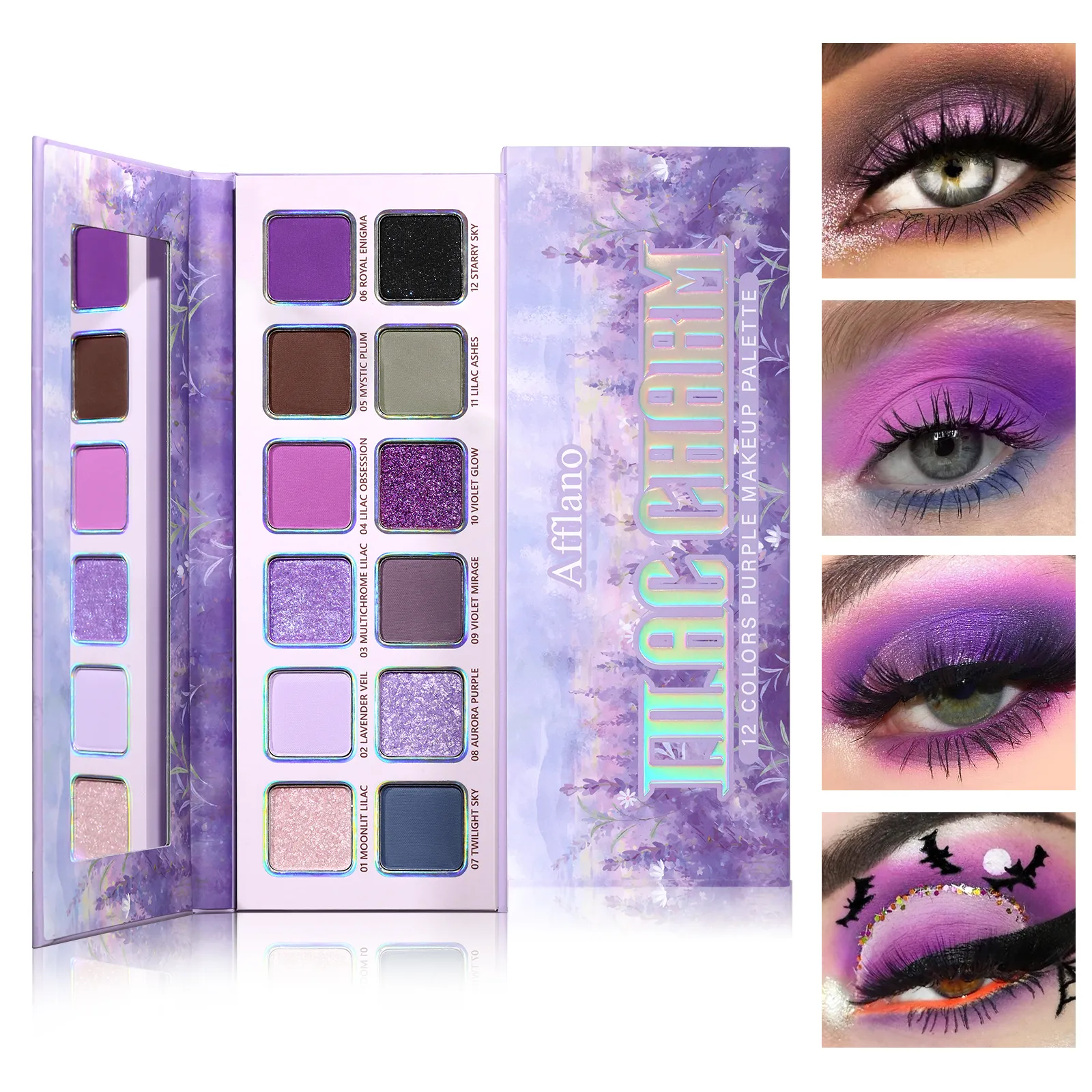 Afflano 12 Colors Eyeshadow Palette Matte Shimmer Lavender Purple Eye Shadow Smoky Punk Blendable Lasting Halloween Eye Makeup