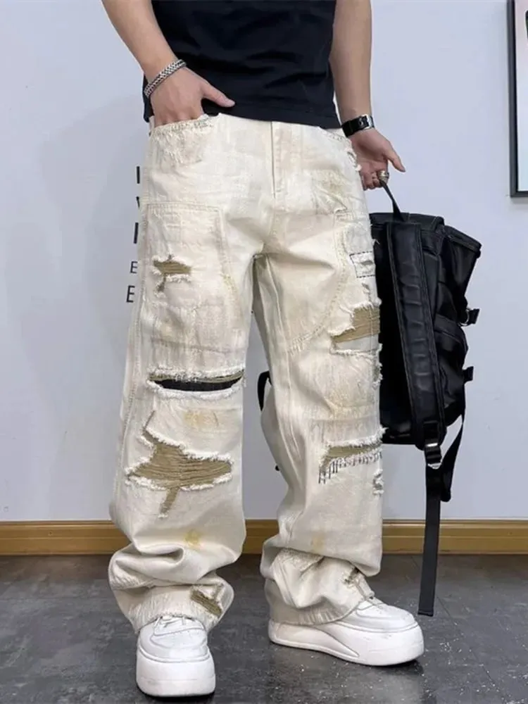 New Spring/Autumn Fashion Trendy American Style Straight Leg Stretch Ripped Jeans Men's Casual Loose Fit Sports Plus Size Jeans