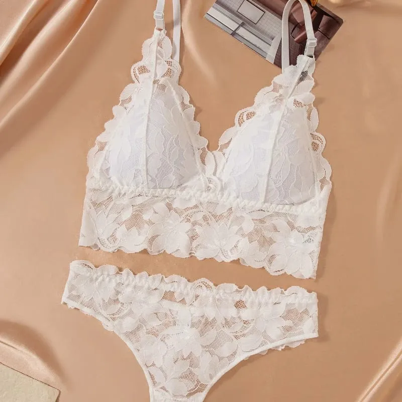 Women's Lace Bra and Panty Set Deep V Scalloped Edge 2 Piece Lingerie 2026