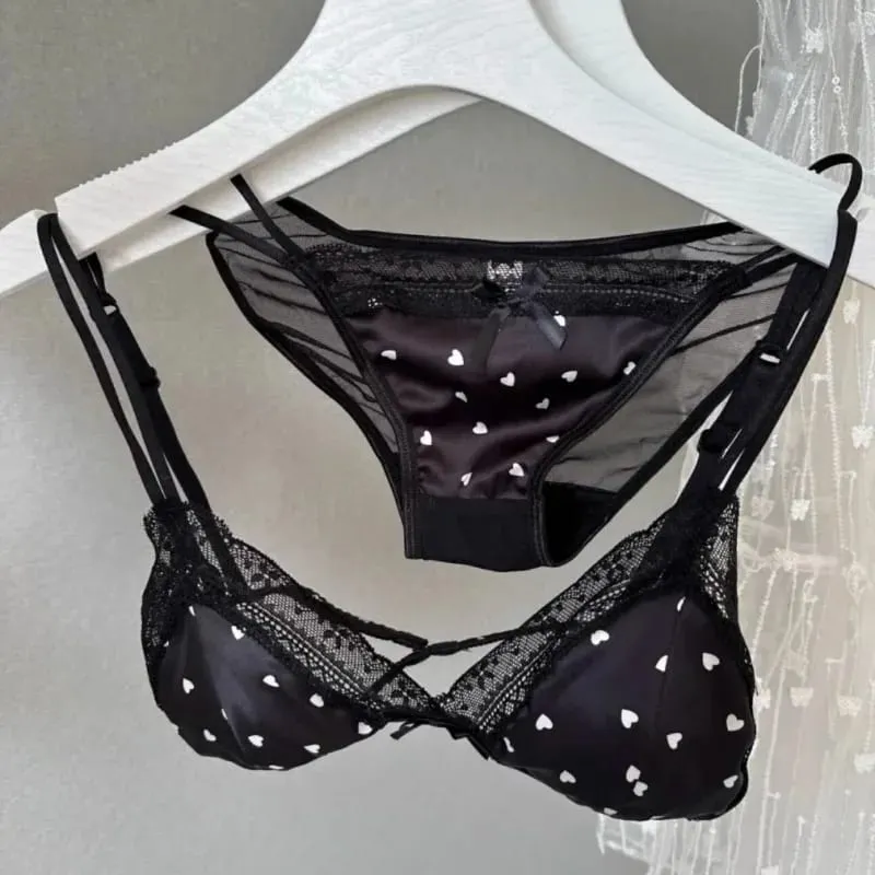 French Style Triangle Cup Satin Lace Lingerie Set Wireless Small Bust Gathered Thin Soft Fabric Sexy Daily Underwear S-XL Suit