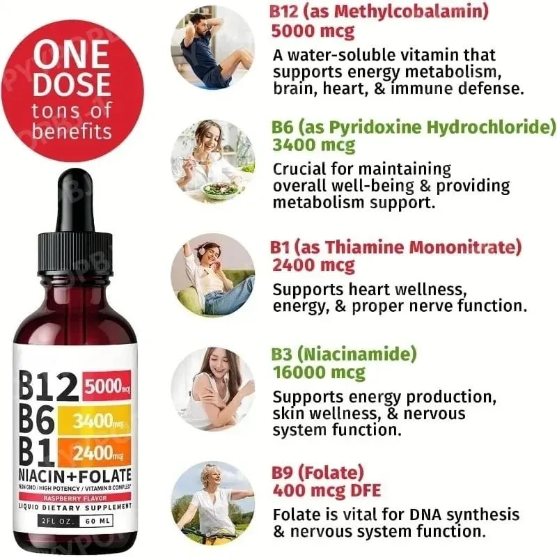 Vitamin B12 Liquid Drops 60ml Raspberry Flavor with Vitamin B6+B1 Etc Multivitamin Support Energy Recovery & Brain Heart Health