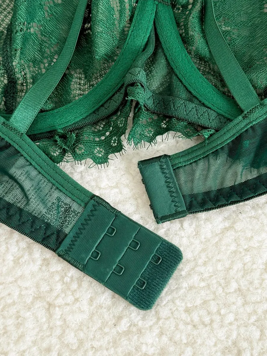 Sexy Vintage Green Eyelash Lace Lingerie Set Ladies Sheer Mesh Underwire Bra Thong Nightwear 2‑Piece S‑XL
