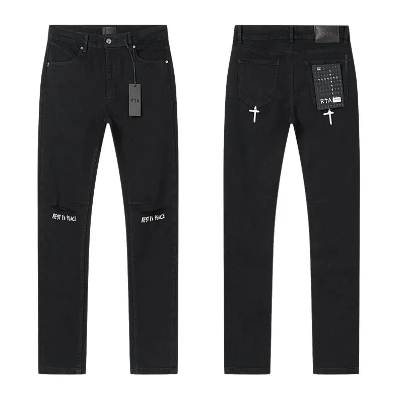 New RTA Destroyed Scratch Hole Light Blue Distressed Jeans Men's High Street Elastic Slim Fit Jeans 2026 Brand Pants Streetwear