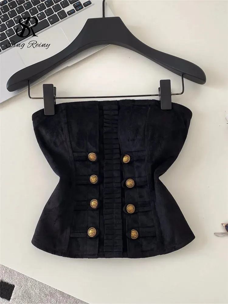 Fake Suede Senior Vintage Tank Top Autumn Female Metal Button Bodycon Top French Sensual Chic Commute Party Camisole