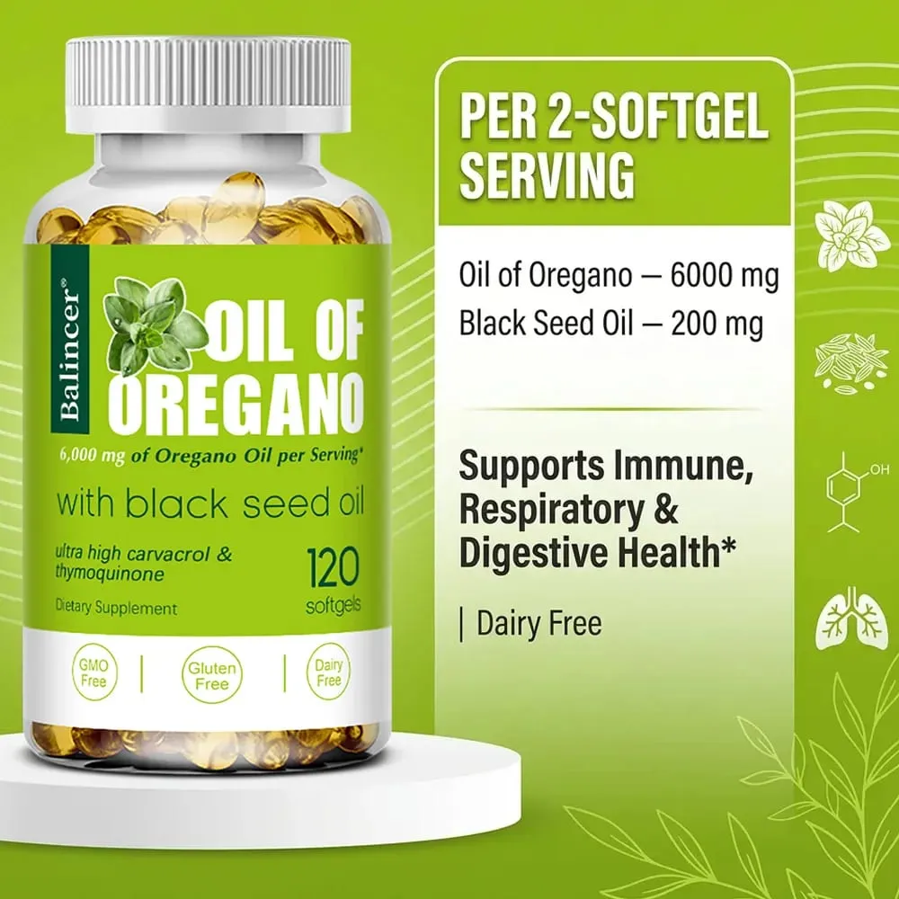 Oil of Oregano Softgels 6000mg feketemag olajjal 200mg | Nem GMO-immuntámogatás Az emésztés és a légzőrendszer egészségének elősegítése