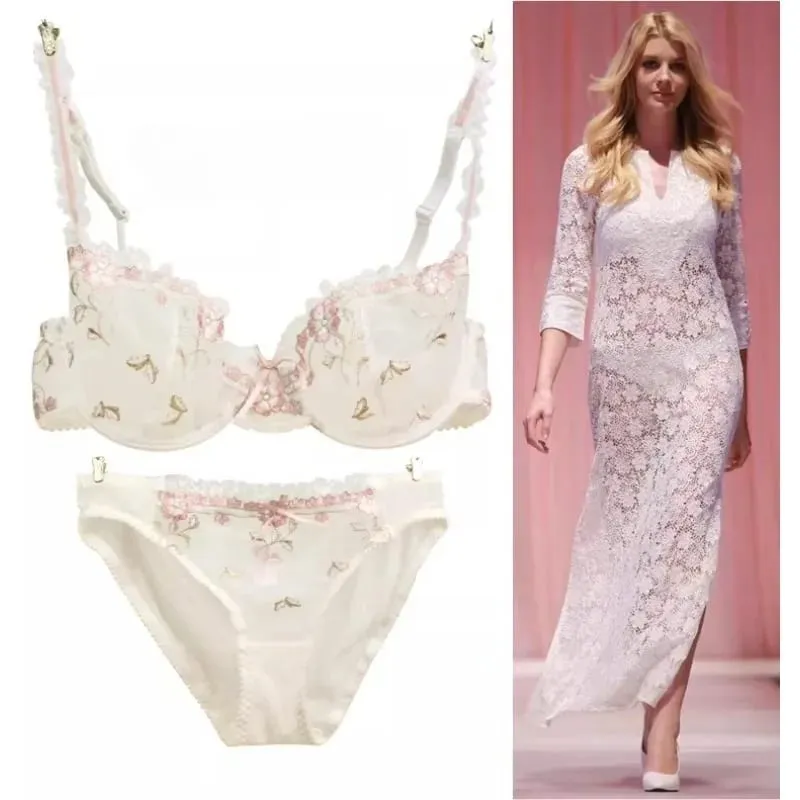 Ultra-thin steel band bra fashionable plus-size lace lingerie set transparent comfy bra set soft material S-XL all-day wear