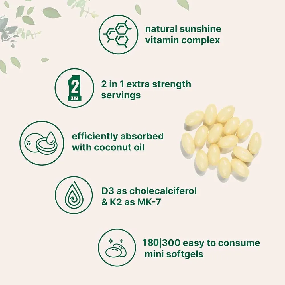 Vitamin D3 10 000iu + K2 MK7 200mcg Softgels | 2-in-1 Complex with Coconut Oil | Supports Heart Bone Teeth & Immune Health