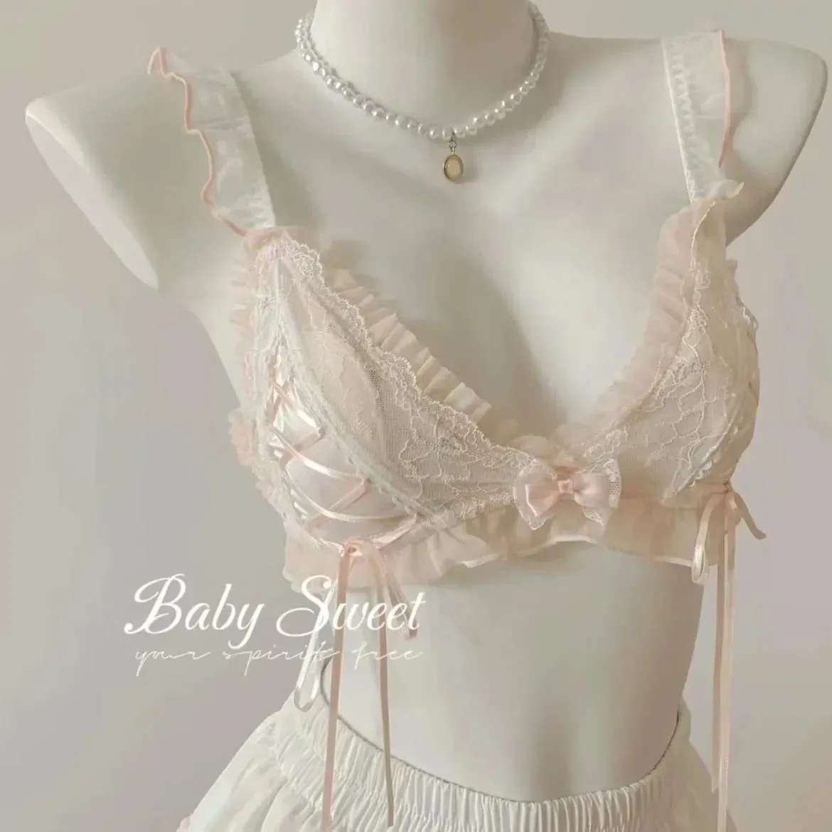 Lolita Style Thin Lace Triangle Cup Bra Set for Women Cute Small Bust Sexy Lingerie Underwear