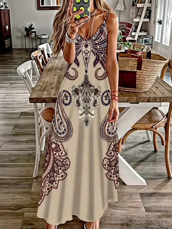 2024 vestido de tirantes con cuello en V estampado de nueva flor transfronteriza con estilo de vacaciones bohemio exótico estilo largo elegante