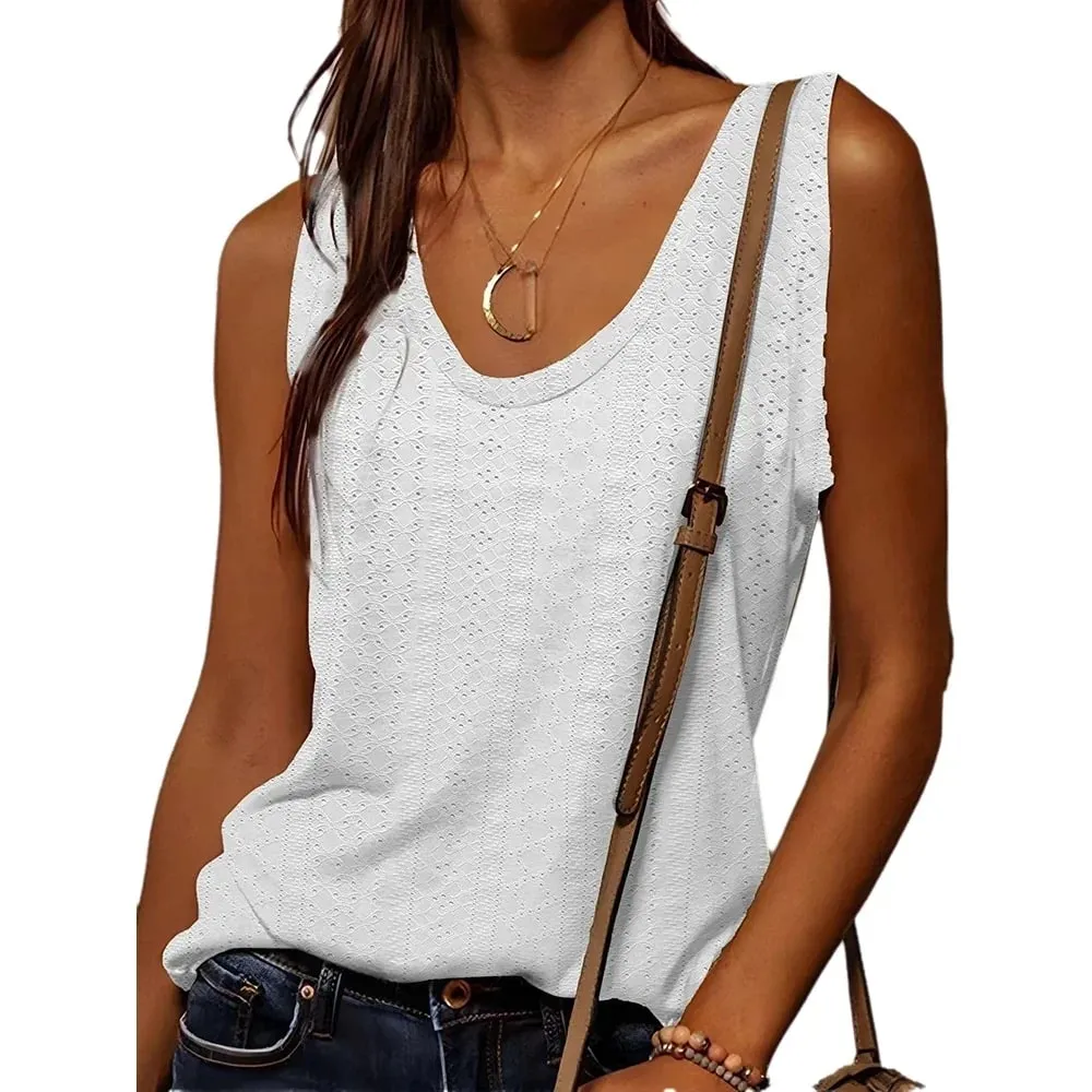 Women's Tank Top Spring Summer White V Neck Sleeveless Perforated Texture Relaxed Fresh Elegant Daily Casual Top