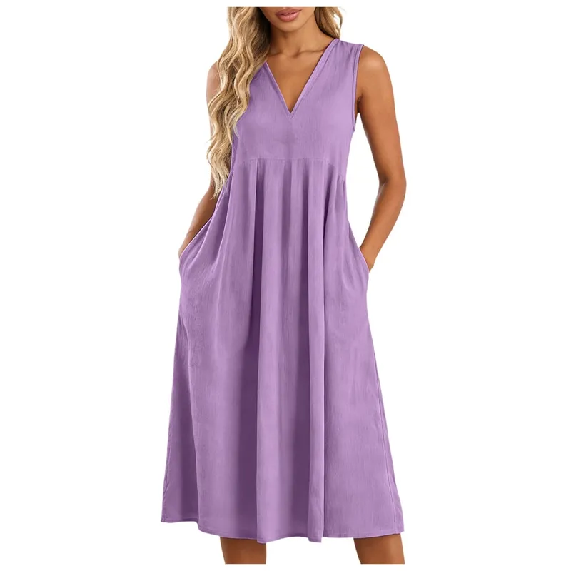 Women Sleeveless Linen Midi Dress Loose V Neck Summer A Line Sundress Lightweight Casual Swing Tank Dresses With Side Pockets
