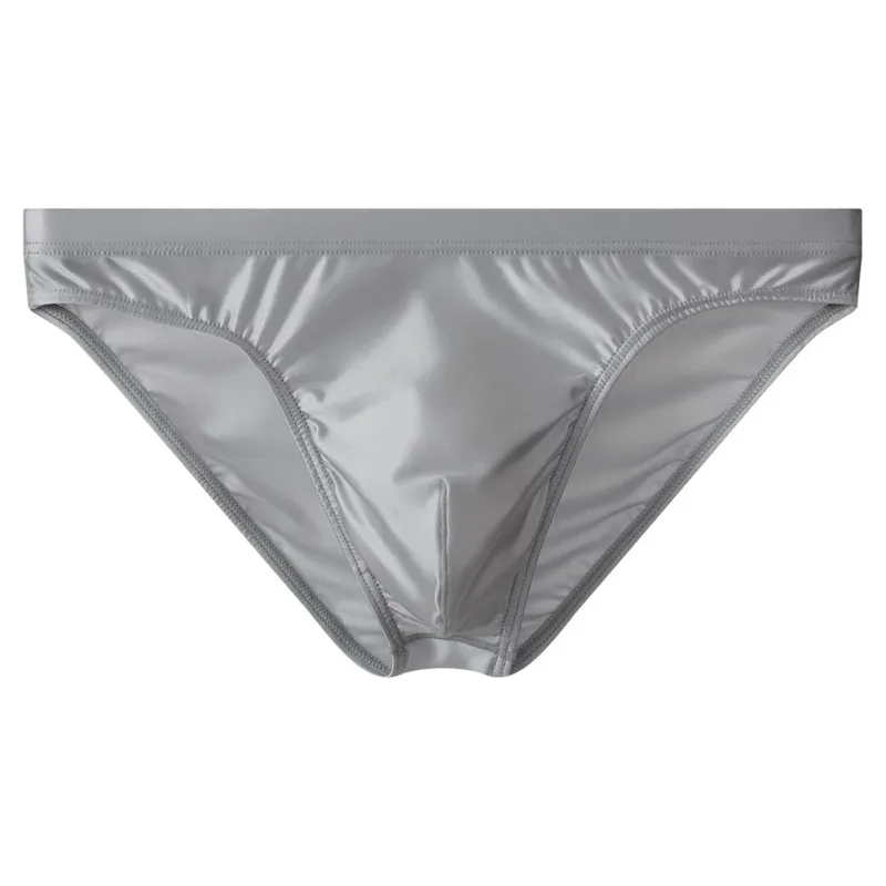 Slip bikini da uomo in raso marrone di lusso Cintura alta elastica Mutande lisce e lucide con custodia sagomata 3D Intimo traspirante