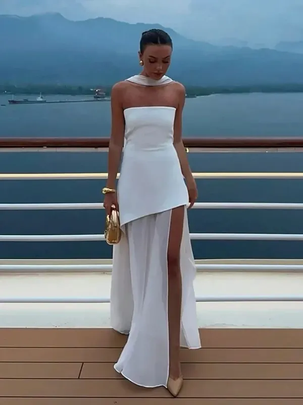 Solid Spliced Ribbon Maxi Dress Women Elegant Strapless Sleeveless Slit Long Dresses 2025 New Summer Holiday Party Lady Vestidos